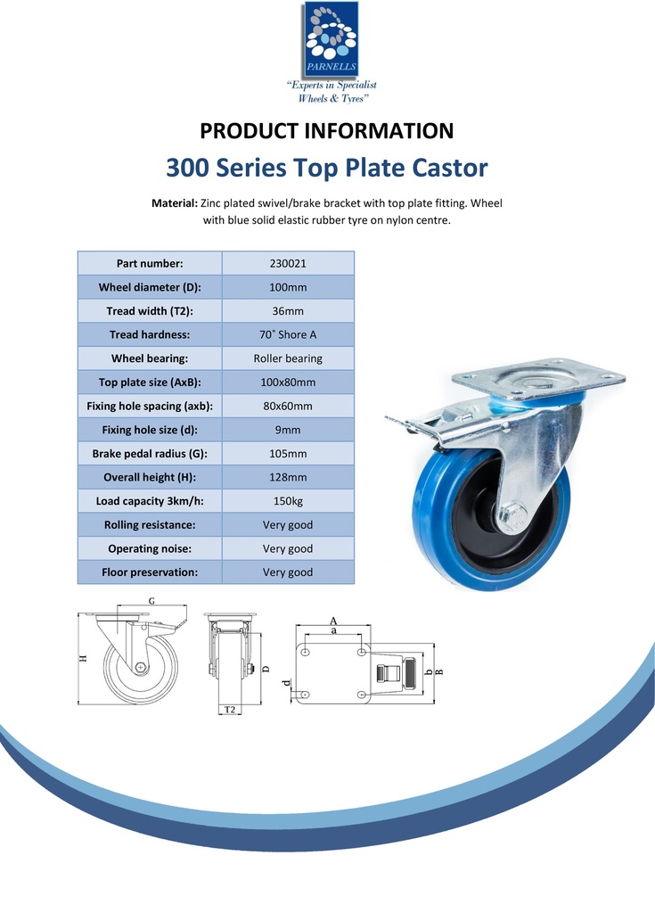 300 series 100mm swivel/brake top plate 100x80mm castor with blue elastic rubber on nylon centre roller bearing wheel 150kg - Spec Sheet