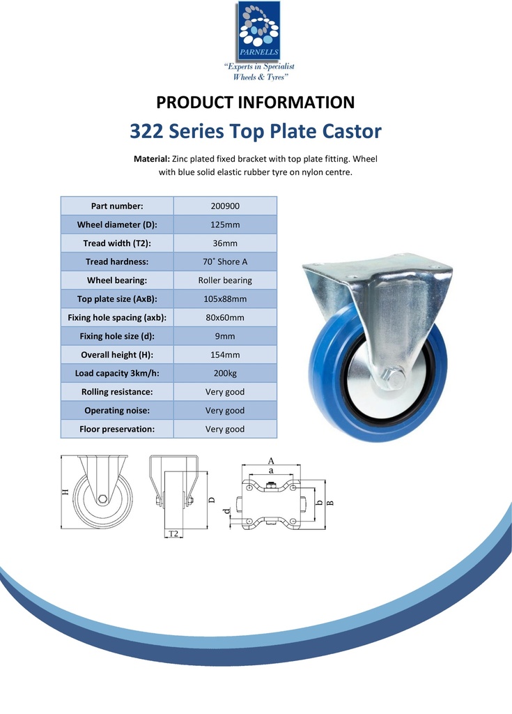 322 series 125mm fixed top plate 105x88mm castor with blue elastic rubber on nylon centre roller bearing wheel 200kg - Spec Sheet