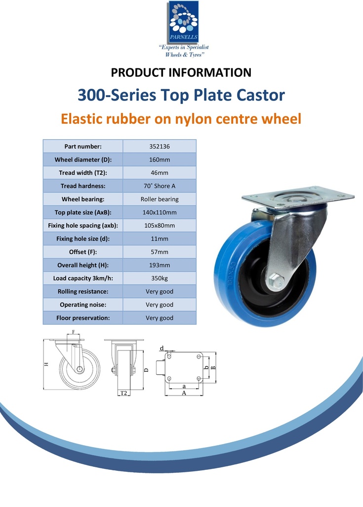 300 series 160mm swivel top plate 140x110mm castor with blue elastic rubber on nylon centre roller bearing wheel 350kg - Spec Sheet