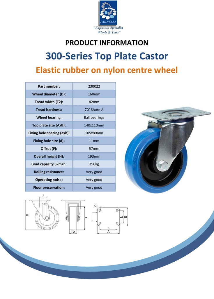 300 series 160mm swivel top plate 140x110mm castor with blue elastic rubber on nylon centre ball bearing wheel 350kg - Spec Sheet