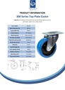 300 series 200mm swivel top plate 140x110mm castor with blue elastic rubber on nylon centre roller bearing wheel 350kg - Spec Sheet