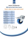 300 series 80mm swivel/brake bolt hole 10,5mm castor with blue elastic rubber on nylon centre plain bearing wheel 140kg - Spec Sheet