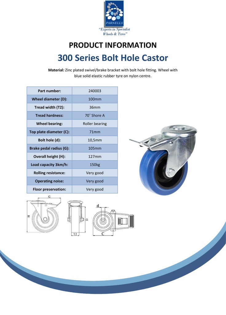 300 series 100mm swivel/brake bolt hole 10,5mm castor with blue elastic rubber on nylon centre roller bearing wheel 150kg - Spec Sheet