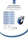 300 series 100mm swivel/brake bolt hole 10,5mm castor with blue elastic rubber on nylon centre roller bearing wheel 150kg - Spec Sheet