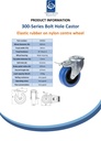 300 series 100mm swivel/brake bolt hole 10,5mm castor with blue elastic rubber on nylon centre roller bearing wheel 150kg - Spec Sheet