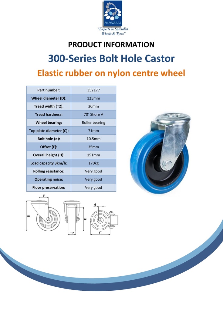 300 series 125mm swivel bolt hole 10,5mm castor with blue elastic rubber on nylon centre roller bearing wheel 170kg - Spec Sheet