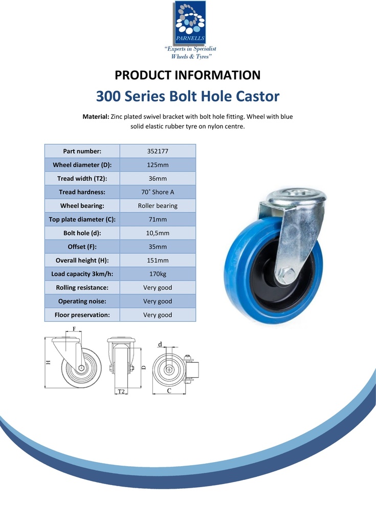 300 series 125mm swivel bolt hole 10,5mm castor with blue elastic rubber on nylon centre roller bearing wheel 170kg - Spec Sheet