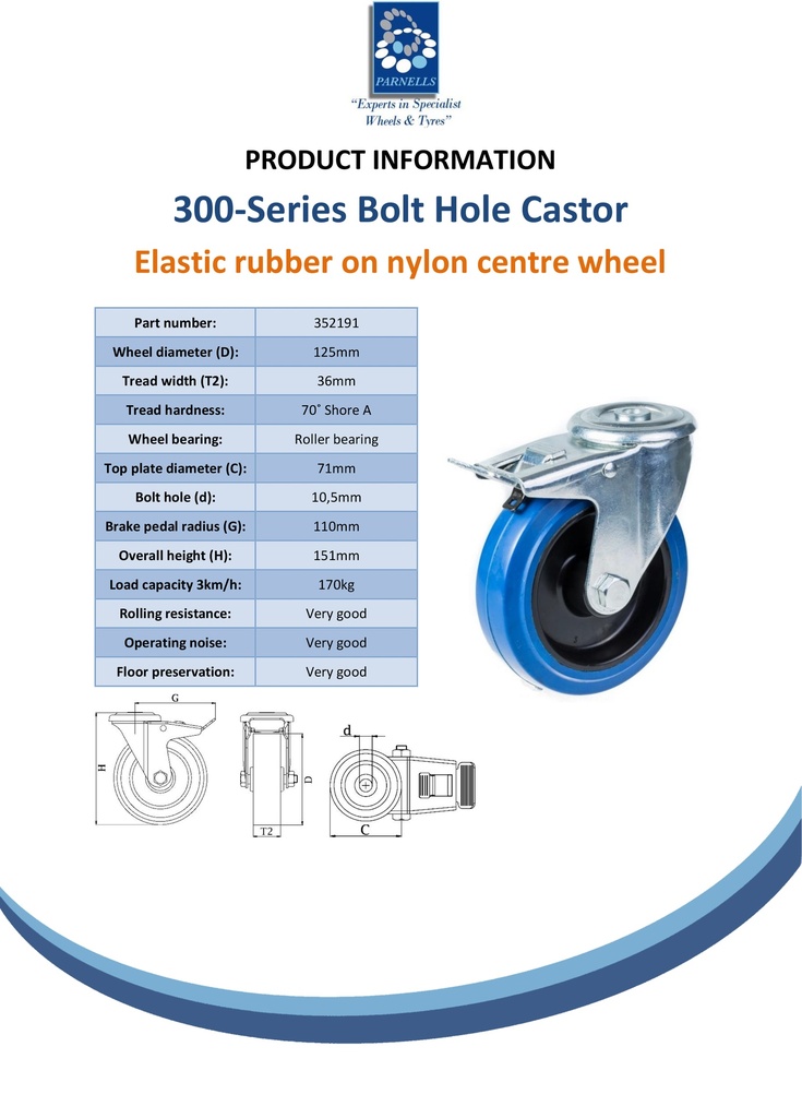 300 series 125mm swivel/brake bolt hole 10,5mm castor with blue elastic rubber on nylon centre roller bearing wheel 170kg - Spec Sheet