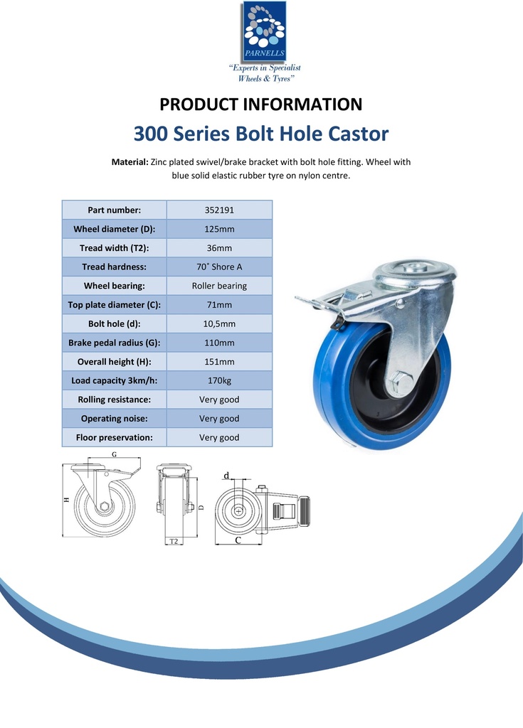 300 series 125mm swivel/brake bolt hole 10,5mm castor with blue elastic rubber on nylon centre roller bearing wheel 170kg - Spec Sheet