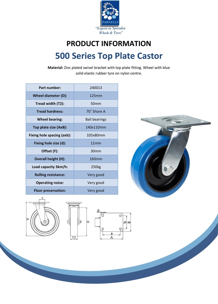 500 series 125mm swivel top plate 140x110mm castor with blue elastic rubber on nylon centre ball bearing wheel 250kg - Spec Sheet