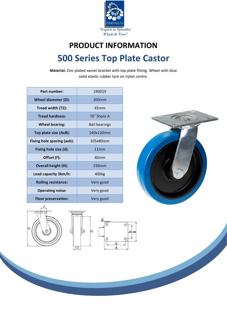 500 series 200mm swivel top plate 140x110mm castor with blue elastic rubber on nylon centre ball bearing wheel 400kg - Spec Sheet