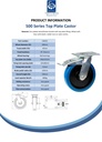 500 series 200mm swivel/brake top plate 140x110mm castor with blue elastic rubber on nylon centre ball bearing wheel 400kg - Spec Sheet