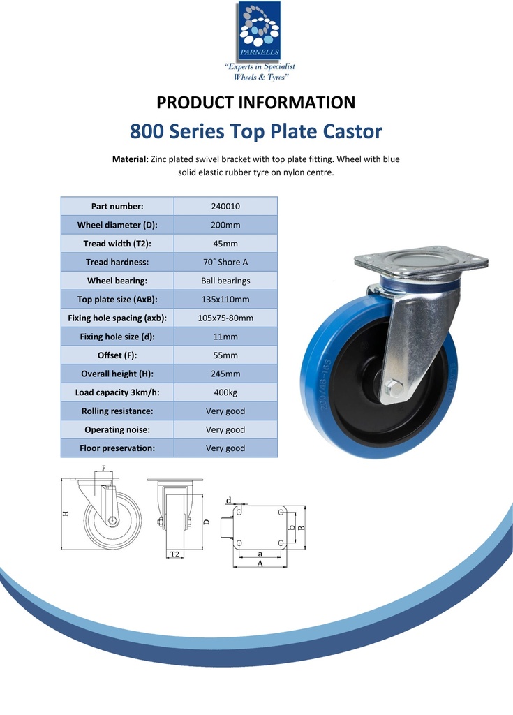 800 series 200mm swivel top plate 135x110mm castor with blue elastic rubber on nylon centre ball bearing wheel 400kg - Spec Sheet