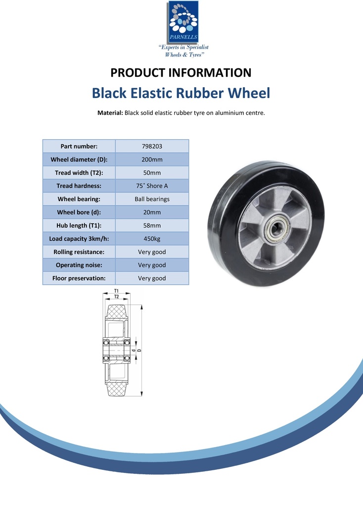 Wheel series 200mm black elastic rubber on aluminium centre 20mm bore hub length 58mm ball bearings 450kg - Spec Sheet
