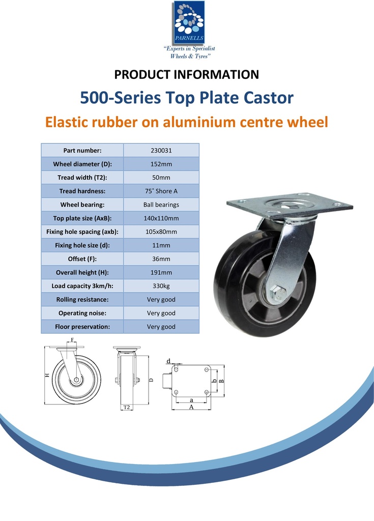 500 series 152mm swivel top plate 140x110mm castor with black elastic rubber on aluminium centre ball bearing wheel 330kg - Spec Sheet