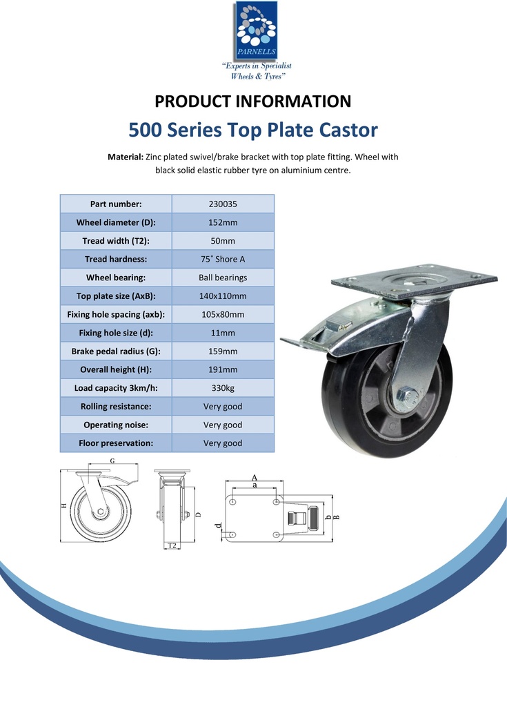 500 series 152mm swivel/brake top plate 140x110mm castor with black elastic rubber on aluminium centre ball bearing wheel 330kg - Spec Sheet