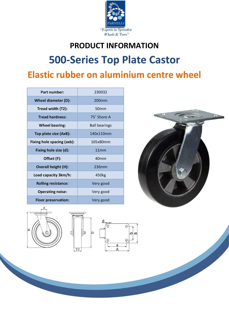 500 series 200mm swivel top plate 140x110mm castor with black elastic rubber on aluminium centre ball bearing wheel 450kg - Spec Sheet
