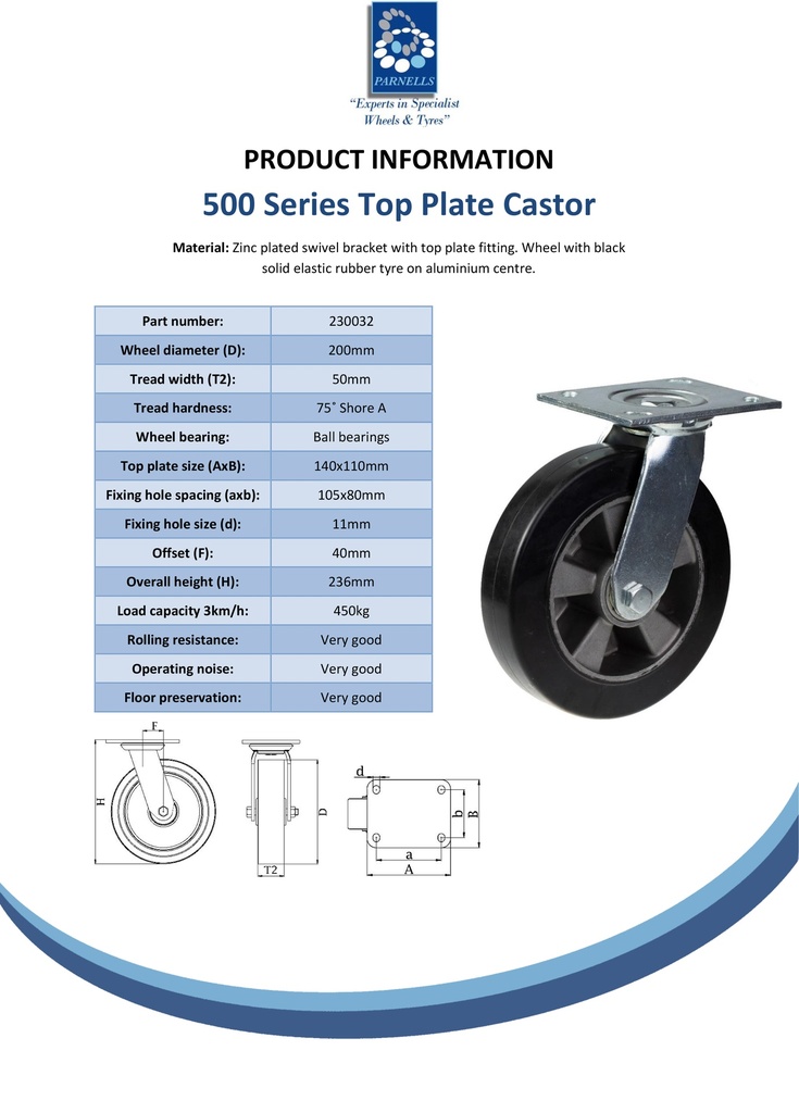 500 series 200mm swivel top plate 140x110mm castor with black elastic rubber on aluminium centre ball bearing wheel 450kg - Spec Sheet