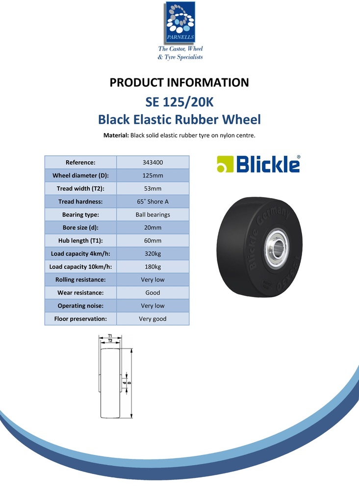 Wheel series 125mm black elastic rubber on nylon centre 20mm bore hub length 60mm ball bearings 320kg - Spec Sheet