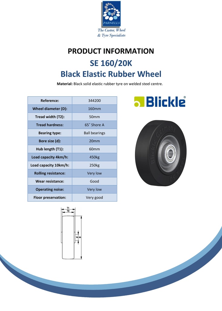 Wheel series 160mm black elastic rubber on welded steel centre 20mm bore hub length 60mm ball bearings 450kg - Spec Sheet