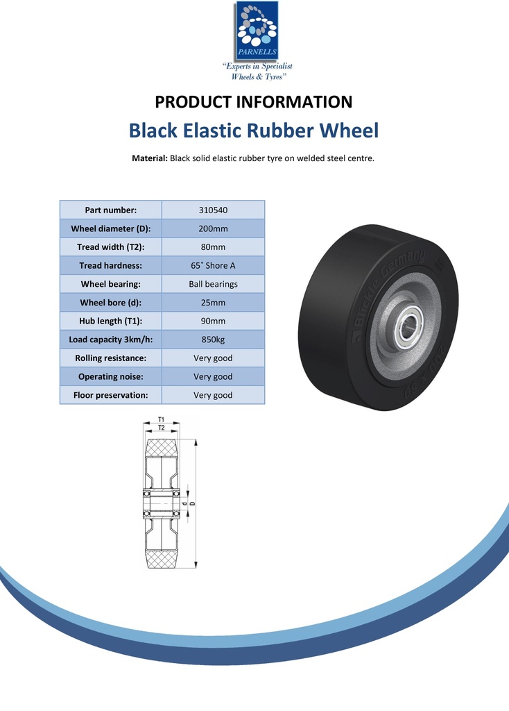 Wheel series 200mm black elastic rubber on welded steel centre 25mm bore hub length 90mm ball bearings 850kg - Spec Sheet