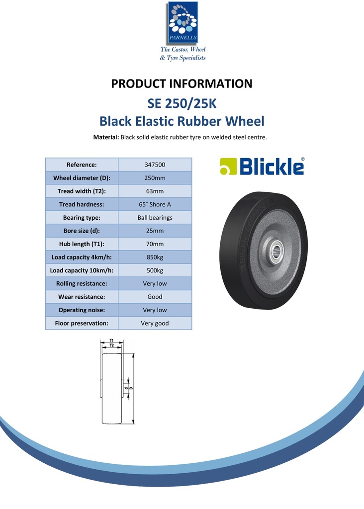 Wheel series 250mm black elastic rubber on welded steel centre 25mm bore hub length 70mm ball bearings 850kg - Spec Sheet