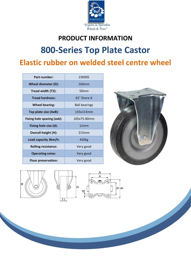 800 series 160mm fixed top plate 135x114mm castor with black elastic rubber on welded steel centre ball bearing wheel 450kg - Spec Sheet