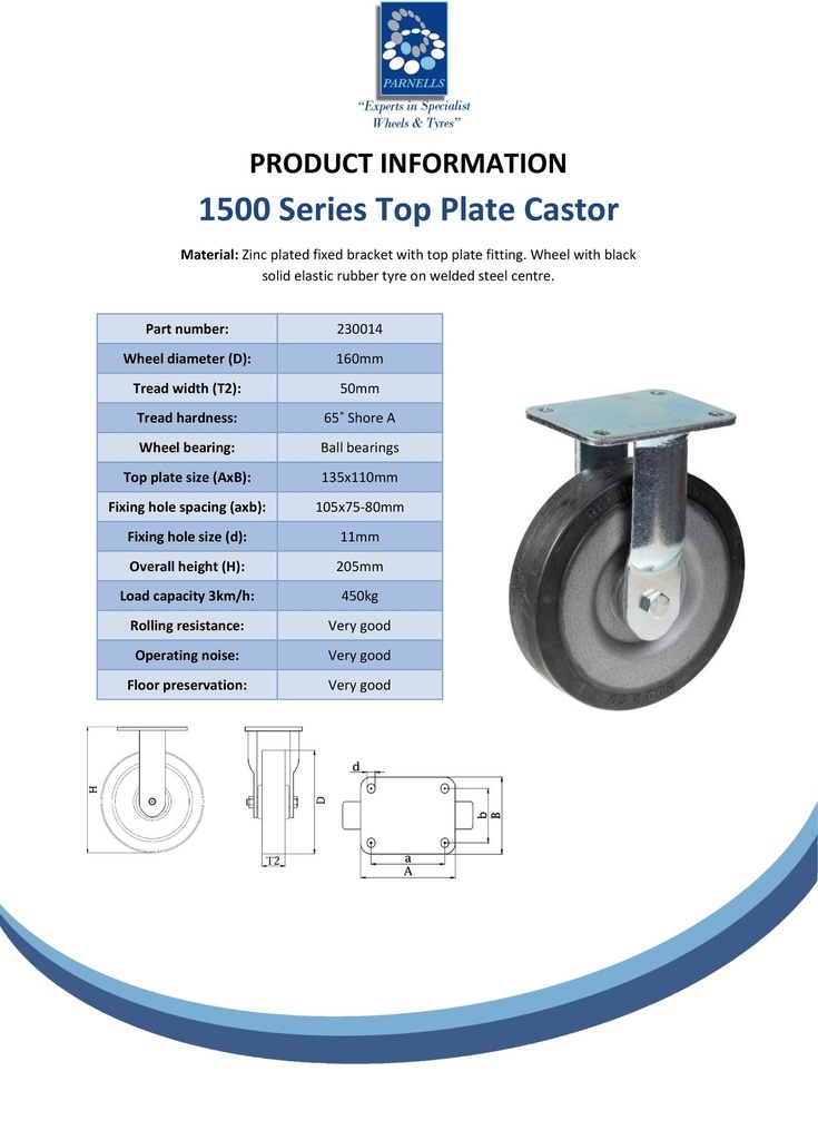 1500 series 160mm fixed top plate 135x110mm castor with black elastic rubber on welded steel centre ball bearing wheel 450kg - Spec Sheet
