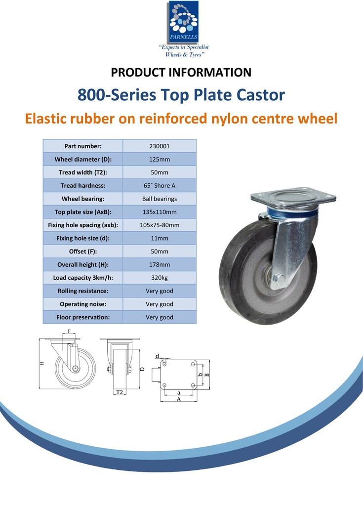 800 series 125mm swivel top plate 135x110mm castor with black elastic rubber on nylon centre ball bearing wheel 320kg - Spec sheet