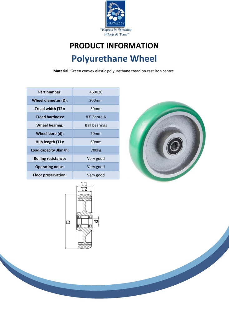 Wheel series 200mm green convex elastic polyurethane on cast iron centre 20mm bore hub length 60mm ball bearing 700kg - Spec sheet