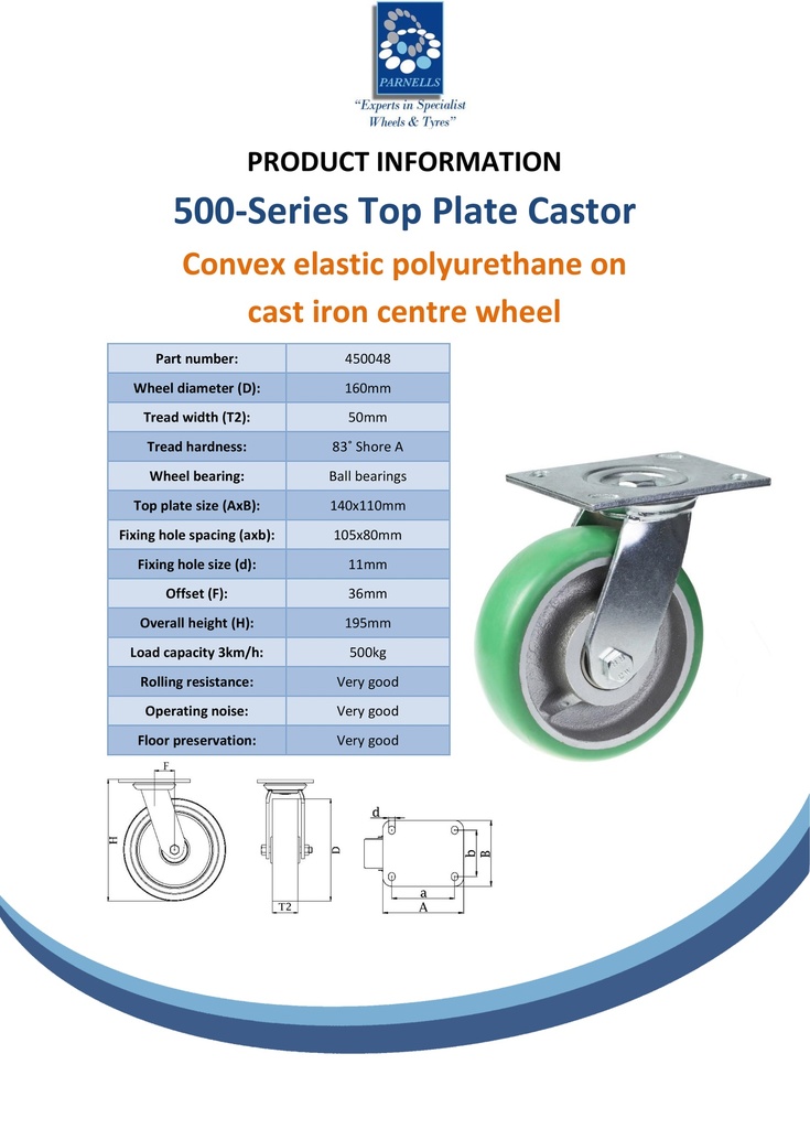 500 series 160mm swivel top plate 140x110mm castor with green convex elastic polyurethane on cast iron centre ball bearing wheel 500kg - Spec sheet