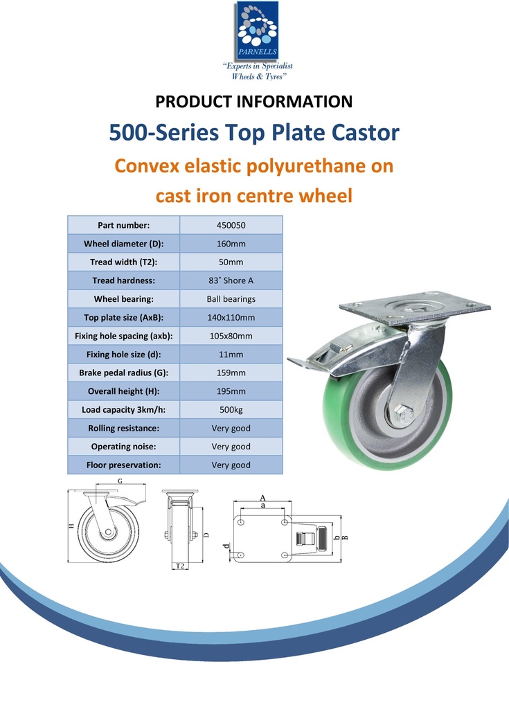 500 series 160mm swivel/brake top plate 140x110mm castor with green convex elastic polyurethane on cast iron centre ball bearing wheel 500kg - Spec sheet