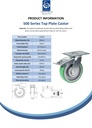 500 series 160mm swivel/brake top plate 140x110mm castor with green convex elastic polyurethane on cast iron centre ball bearing wheel 500kg - Spec sheet