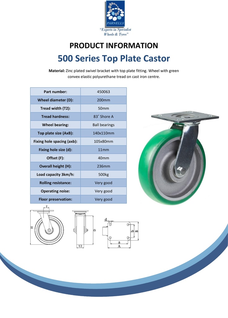 500 series 200mm swivel top plate 140x110mm castor with green convex elastic polyurethane on cast iron centre ball bearing wheel 500kg - Spec sheet