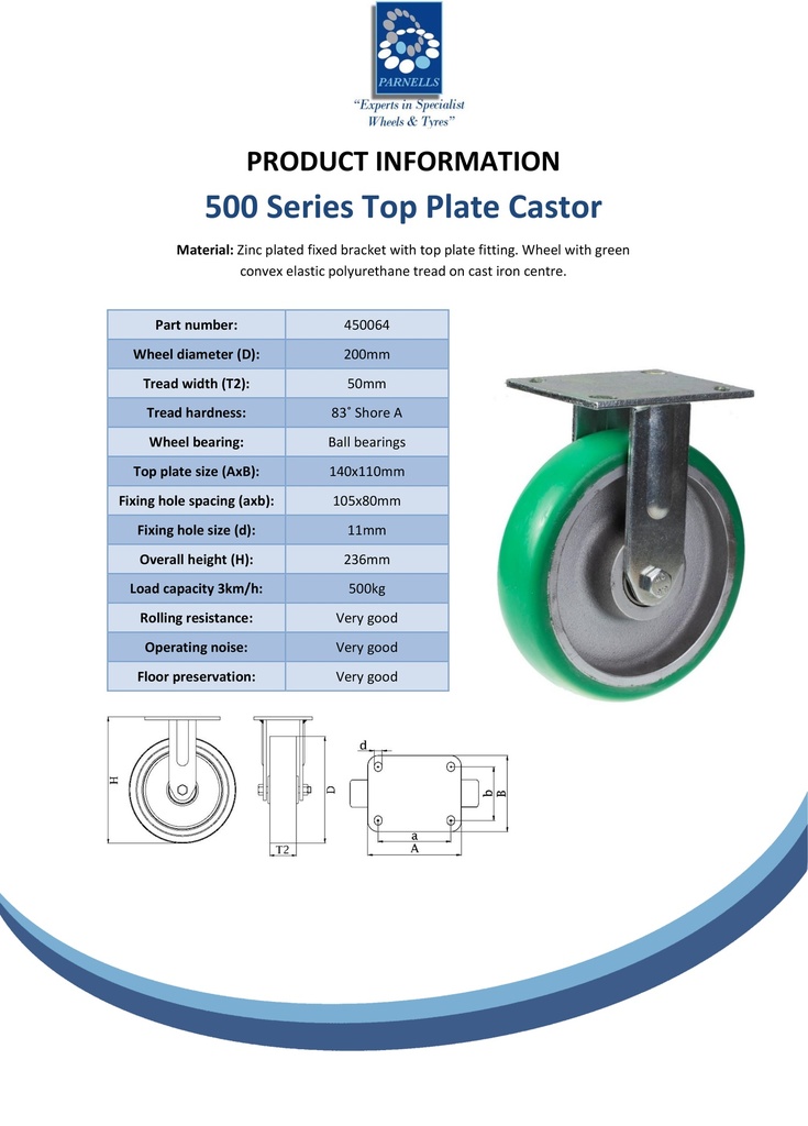 500 series 200mm fixed top plate 140x110mm castor with green convex elastic polyurethane on cast iron centre ball bearing wheel 500kg - Spec sheet