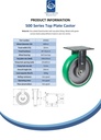 500 series 200mm fixed top plate 140x110mm castor with green convex elastic polyurethane on cast iron centre ball bearing wheel 500kg - Spec sheet