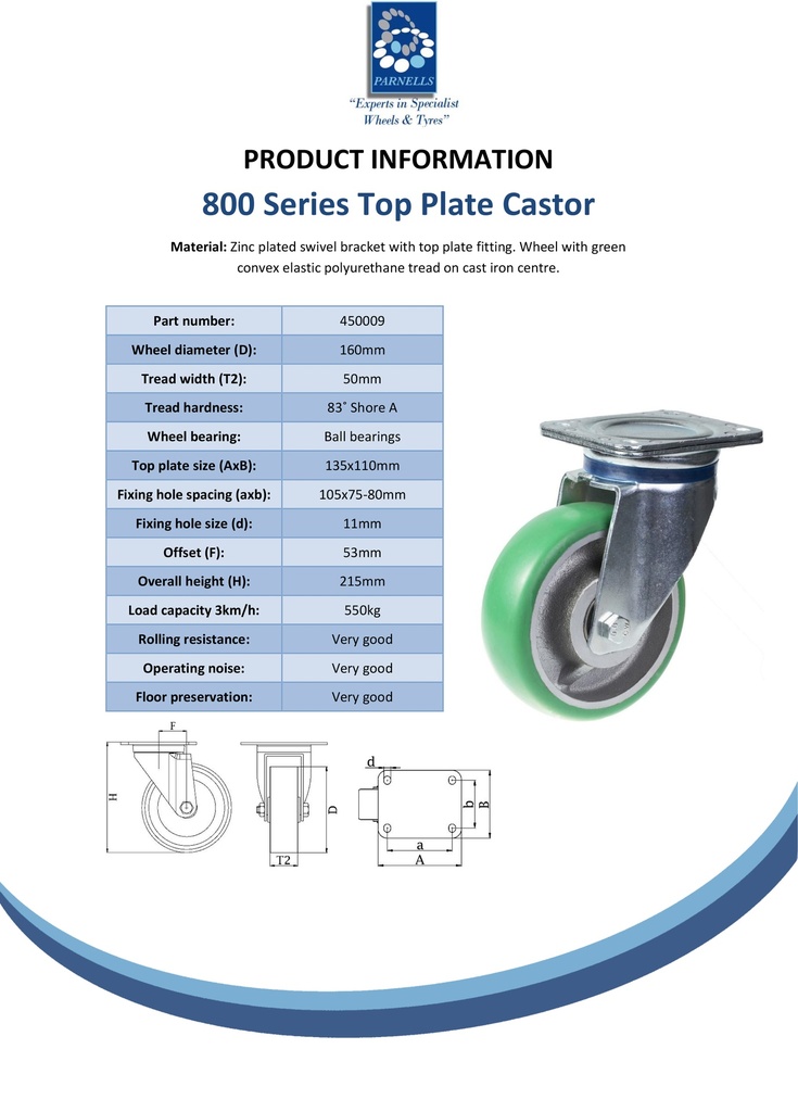 800 series 160mm swivel top plate 135x110mm castor with green convex elastic polyurethane on cast iron centre ball bearing wheel 550kg - Spec sheet