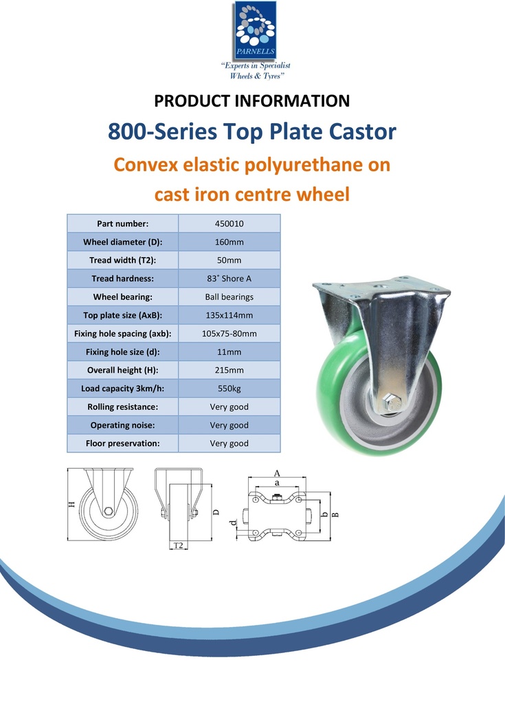 800 series 160mm fixed top plate 135x114mm castor with green convex elastic polyurethane on cast iron centre ball bearing wheel 550kg - Spec sheet