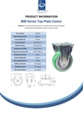 800 series 160mm fixed top plate 135x114mm castor with green convex elastic polyurethane on cast iron centre ball bearing wheel 550kg - Spec sheet