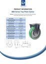 800 series 200mm fixed top plate 135x114mm castor with green convex elastic polyurethane on cast iron centre ball bearing wheel 700kg - Spec sheet
