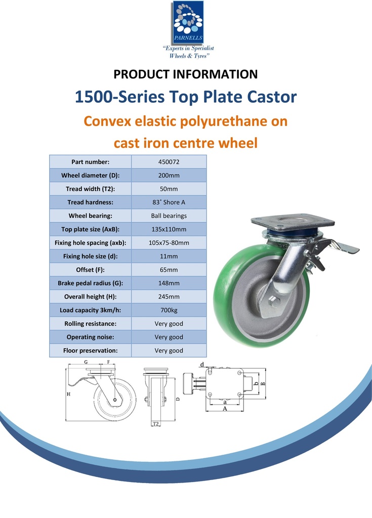 1500 series 200mm swivel/brake top plate 135x110mm castor with green convex elastic polyurethane on cast iron centre ball bearing wheel 700kg - Spec sheet