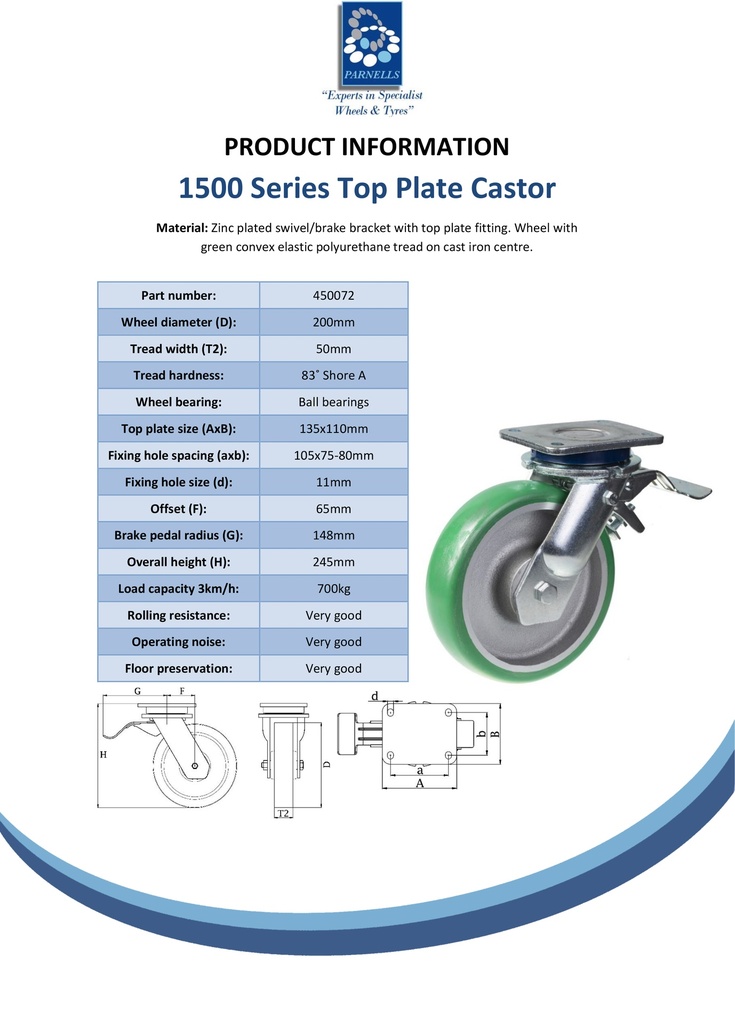 1500 series 200mm swivel/brake top plate 135x110mm castor with green convex elastic polyurethane on cast iron centre ball bearing wheel 700kg - Spec sheet