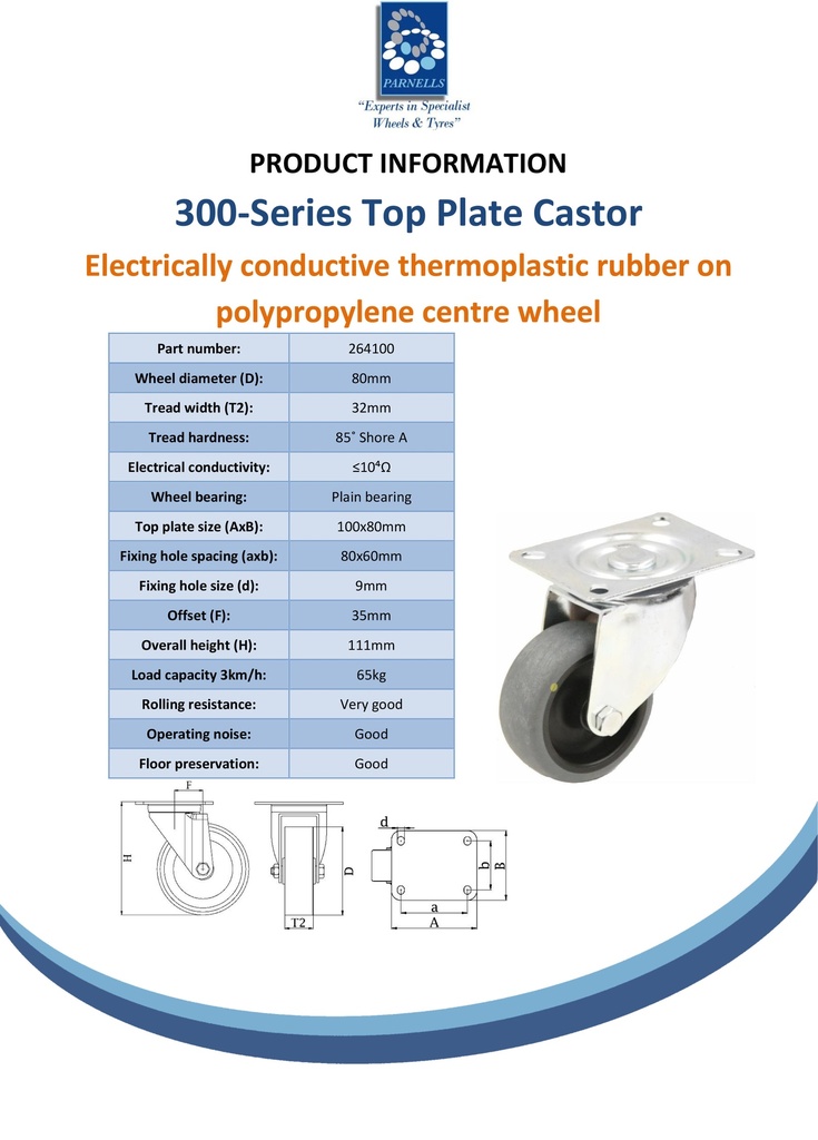 300 series 80mm swivel top plate 100x80mm castor with electrically conductive grey TPR-rubber on polypropylene centre plain bearing wheel 65kg - Spec sheet