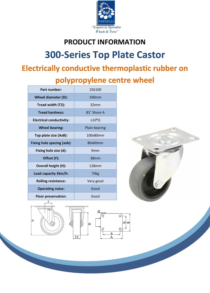 300 series 100mm swivel top plate 100x80mm castor with electrically conductive grey TPR-rubber on polypropylene centre plain bearing wheel 70kg - Spec sheet