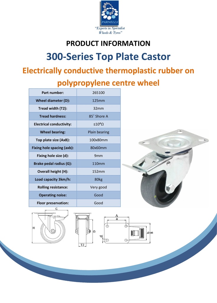 300 series 125mm swivel/brake top plate 100x80mm castor with electrically conductive grey TPR-rubber on polypropylene centre plain bearing wheel 80kg - Spec sheet