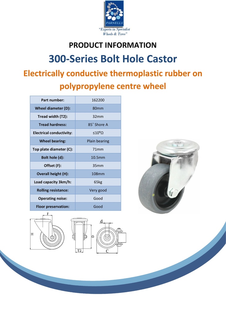 300 series 80mm swivel bolt hole 10.5mm castor with electrically conductive grey TPR-rubber on polypropylene centre plain bearing wheel 65kg - Spec sheet