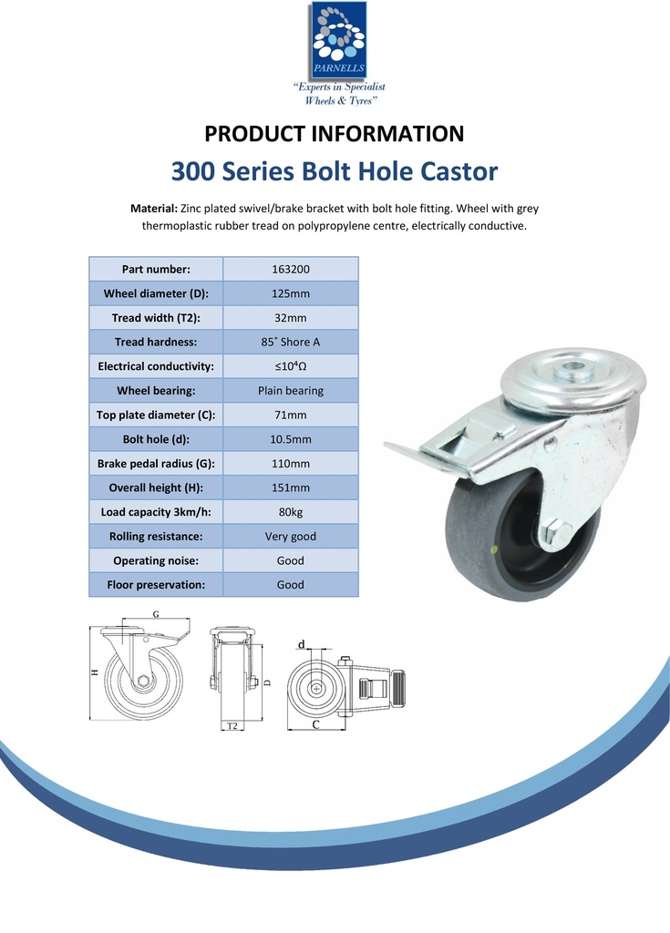 300 series 125mm swivel/brake bolt hole 10.5mm castor with electrically conductive grey TPR-rubber on polypropylene centre plain bore wheel 80kg - Spec sheet