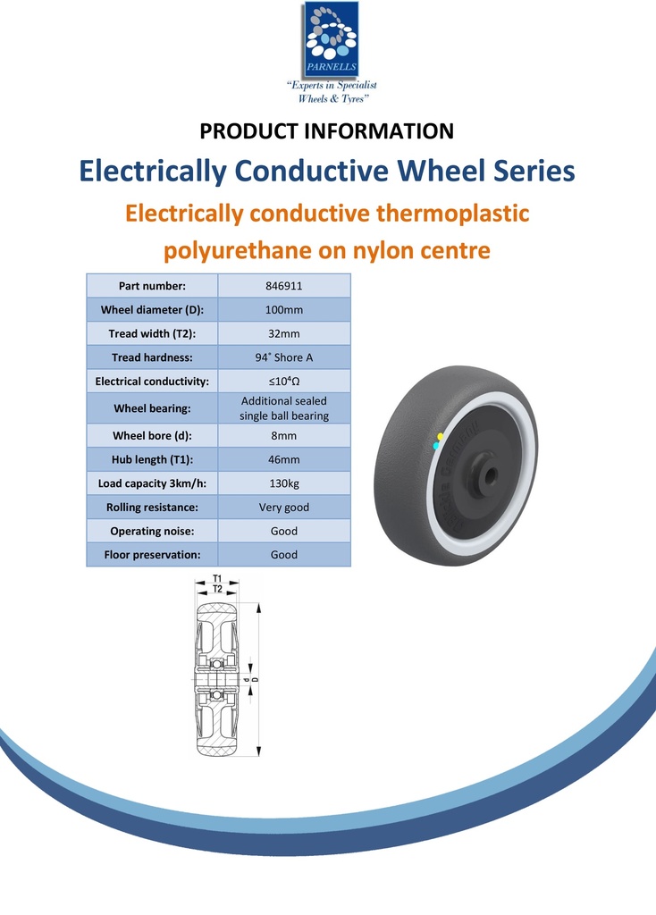Wheel series 100mm electrically conductive grey polyurethane on nylon centre 8mm bore hub length 46mm additional sealed single ball bearing 130kg - Spec sheet