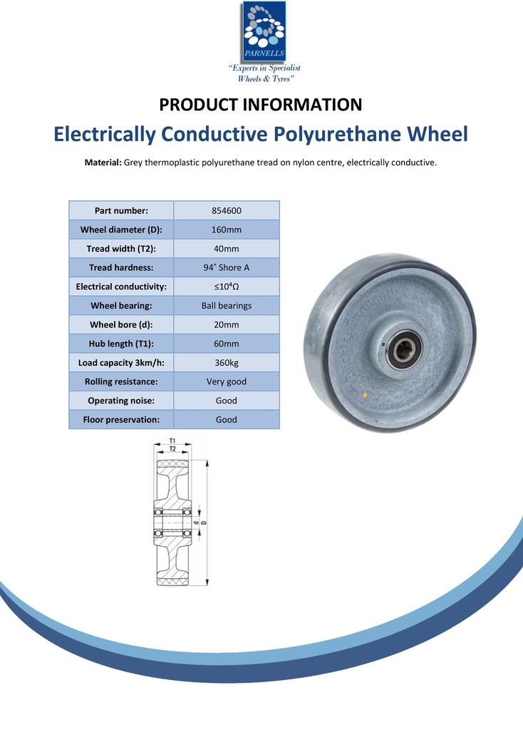 Wheel series 160mm electrically conductive grey polyurethane on nylon centre 20mm bore hub length 60mm ball bearing 550kg - Spec sheet