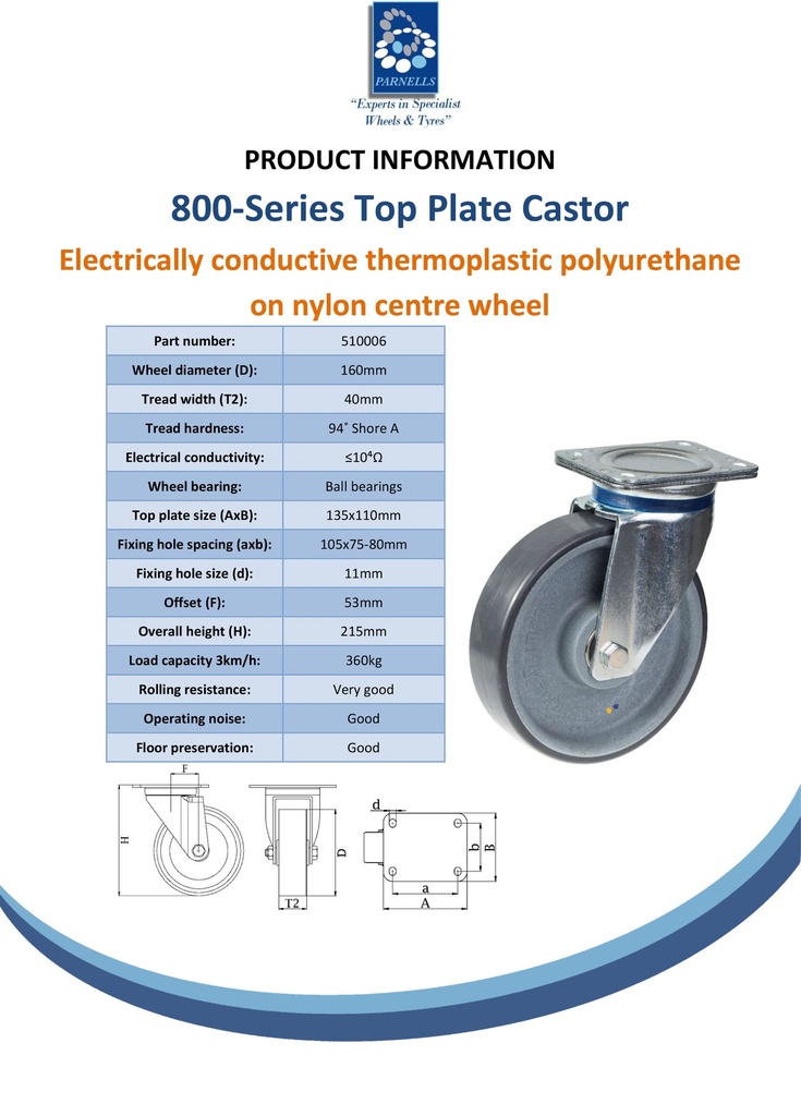 800 series 160mm swivel top plate 135x110mm castor with electrically conductive grey polyurethane on nylon centre ball bearing wheel 400kg - Spec sheet